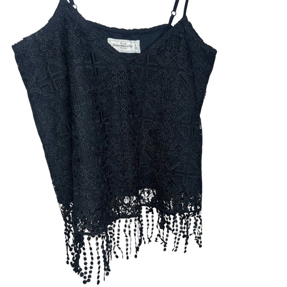 Abercrombie & Fitch Fringed Crop Top Crocheted Overlay Spaghetti Strap Black Sm - Picture 1 of 12